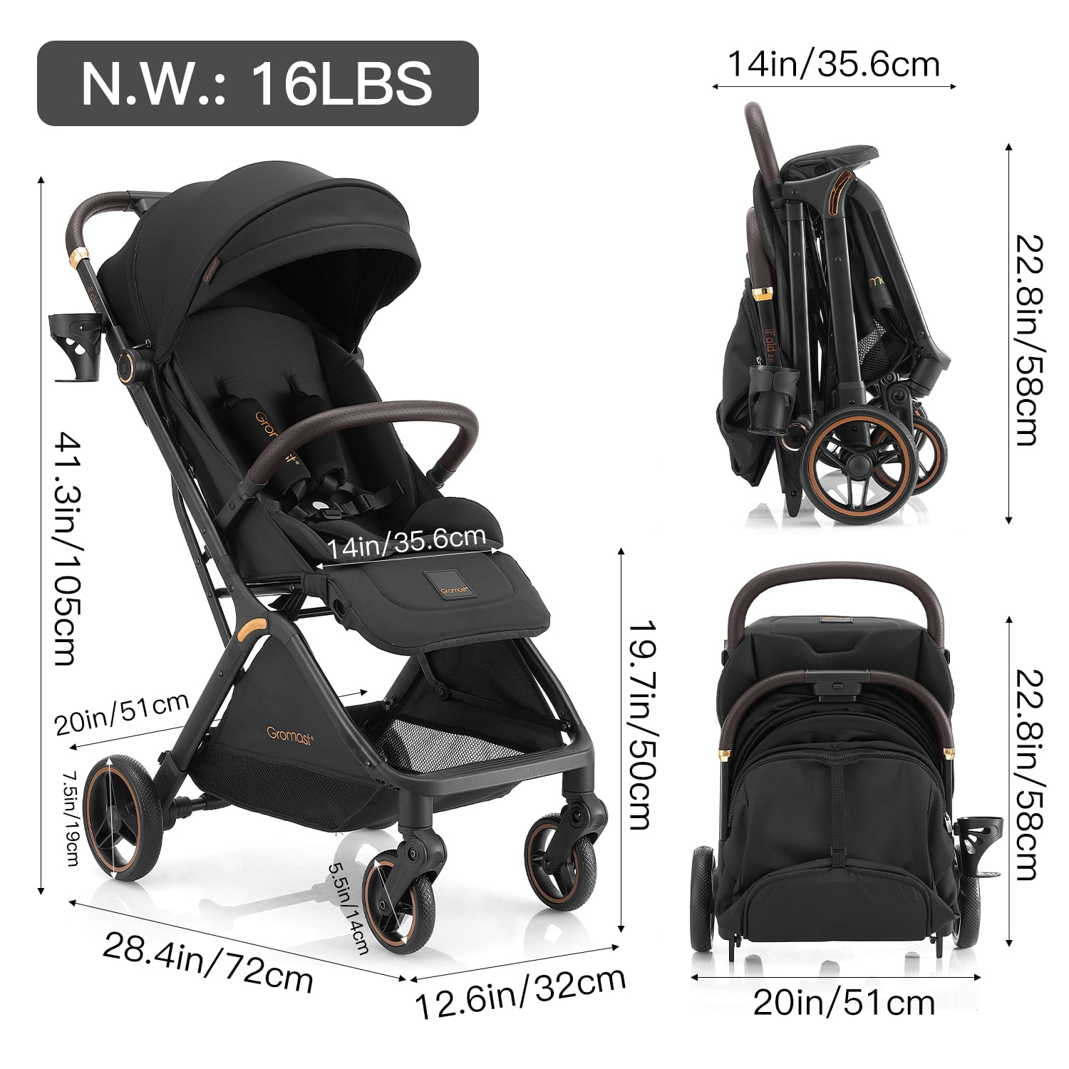 Gravity Folding Baby Stroller - Portable Toddler Stroller w/ Adjustable Backrest & Canopy, Lightweight and UV Protected Travel Stroller, One-Hand Automatic Folding - Black - Image 2
