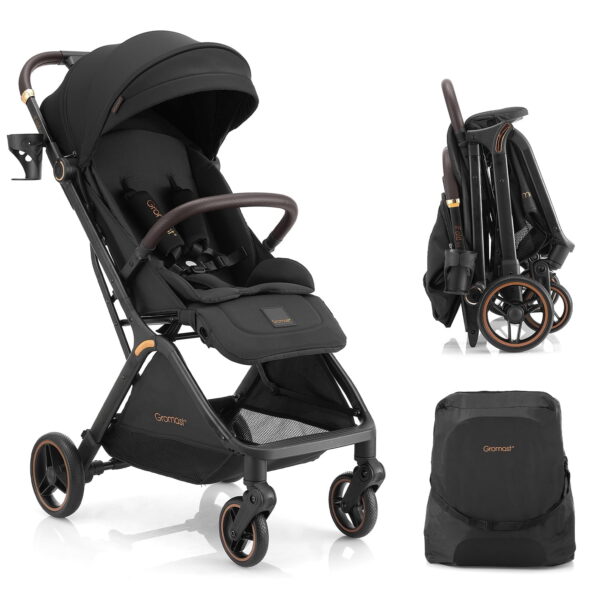 Gravity Folding Baby Stroller - Portable Toddler Stroller w/ Adjustable Backrest & Canopy, Lightweight and UV Protected Travel Stroller, One-Hand Automatic Folding - Black