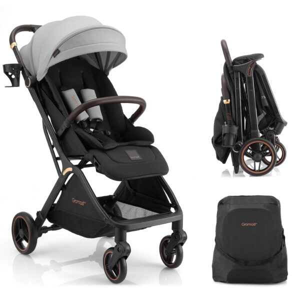 Gravity Folding Baby Stroller - Portable Toddler Stroller w/ Adjustable Backrest & Canopy, Lightweight and UV Protected Travel Stroller, One-Hand Automatic Folding - Light Gray
