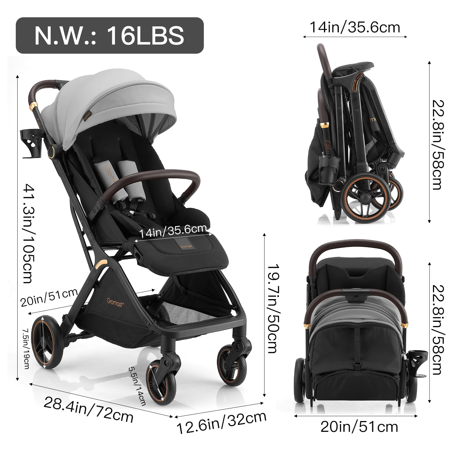 Gravity Folding Baby Stroller - Portable Toddler Stroller w/ Adjustable Backrest & Canopy, Lightweight and UV Protected Travel Stroller, One-Hand Automatic Folding - Light Gray - Image 3