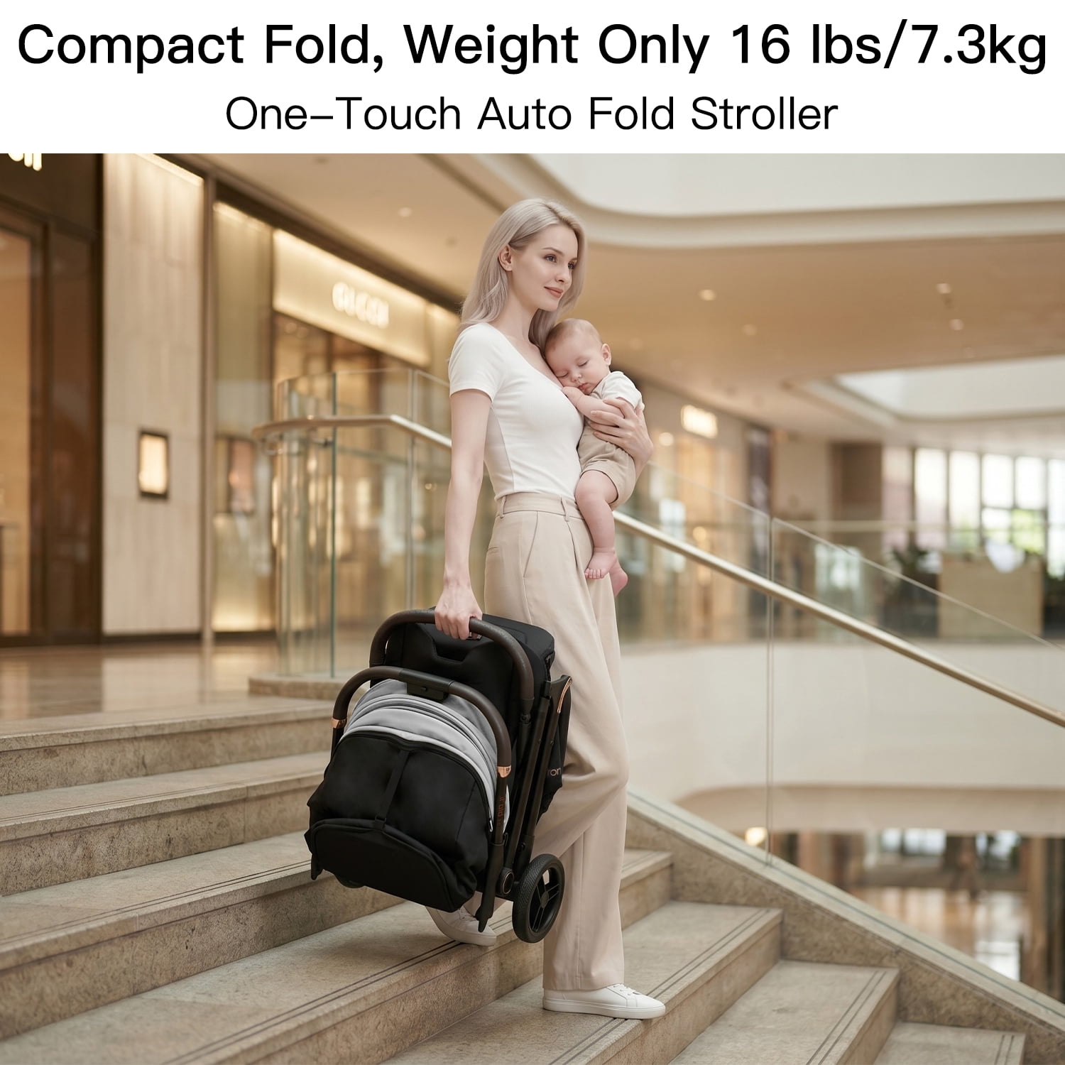 Gravity Folding Baby Stroller - Portable Toddler Stroller w/ Adjustable Backrest & Canopy, Lightweight and UV Protected Travel Stroller, One-Hand Automatic Folding - Light Gray - Image 5