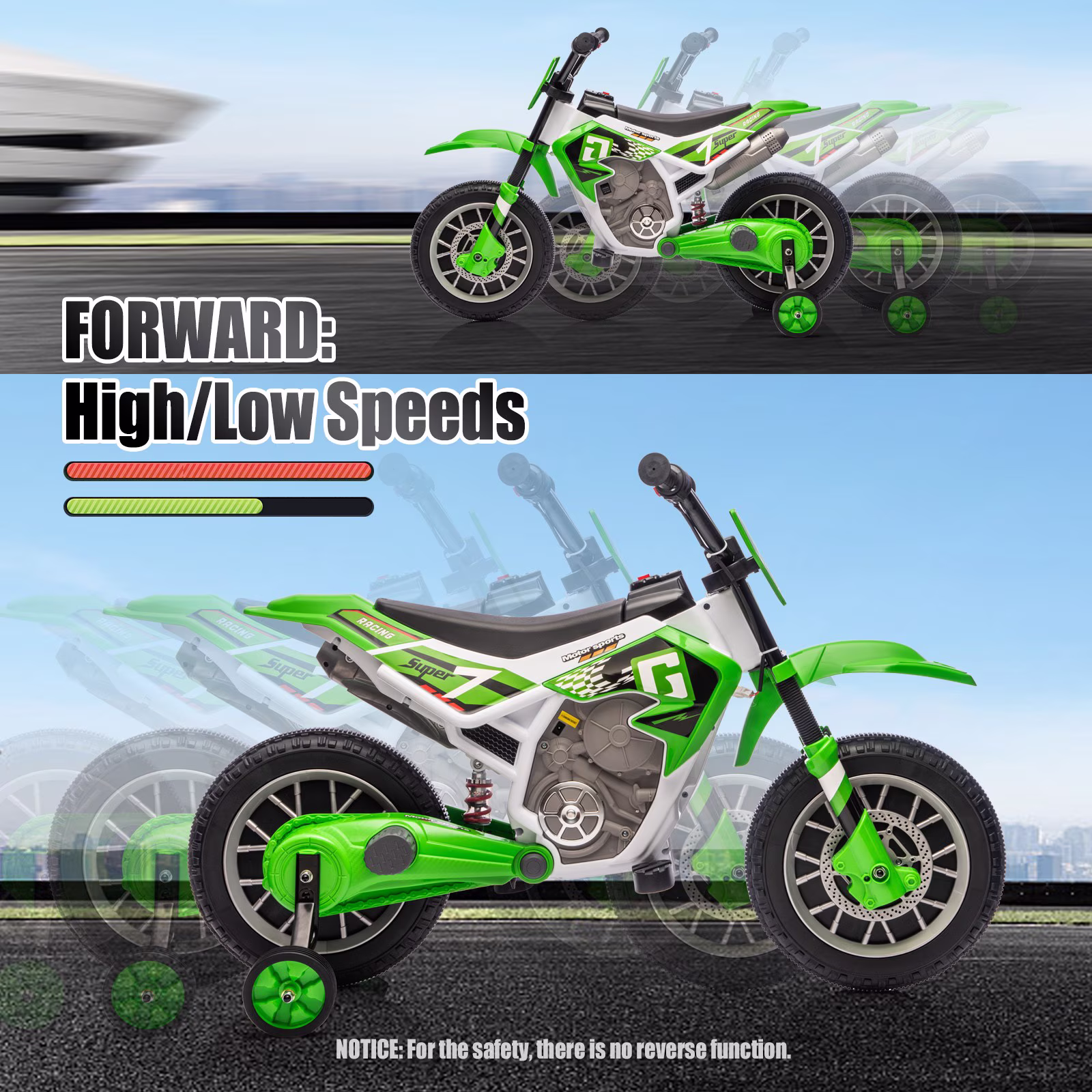 Green 12V Kids Ride On Motorcycle Dirt Bike with High/Low Speeds,Training Wheels, Spring Suspension - Image 4
