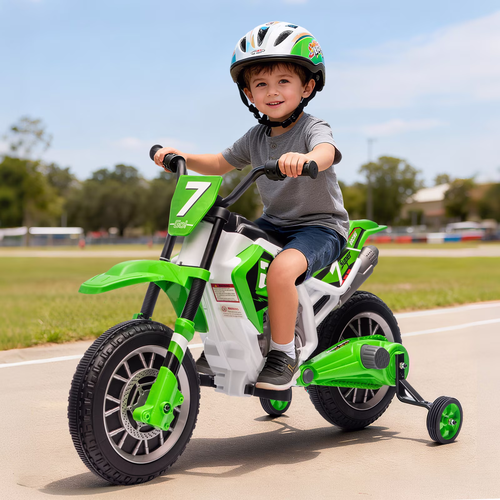 Green 12V Kids Ride On Motorcycle Dirt Bike with High/Low Speeds,Training Wheels, Spring Suspension - Image 5