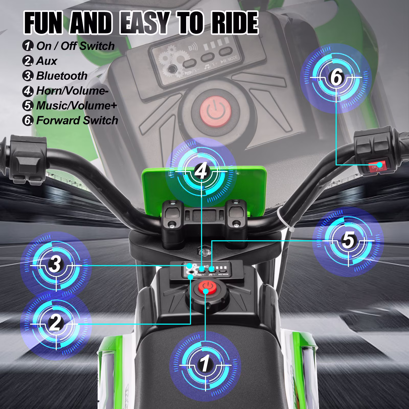 Green 12V Kids Ride On Motorcycle Dirt Bike with High/Low Speeds,Training Wheels, Spring Suspension - Image 3