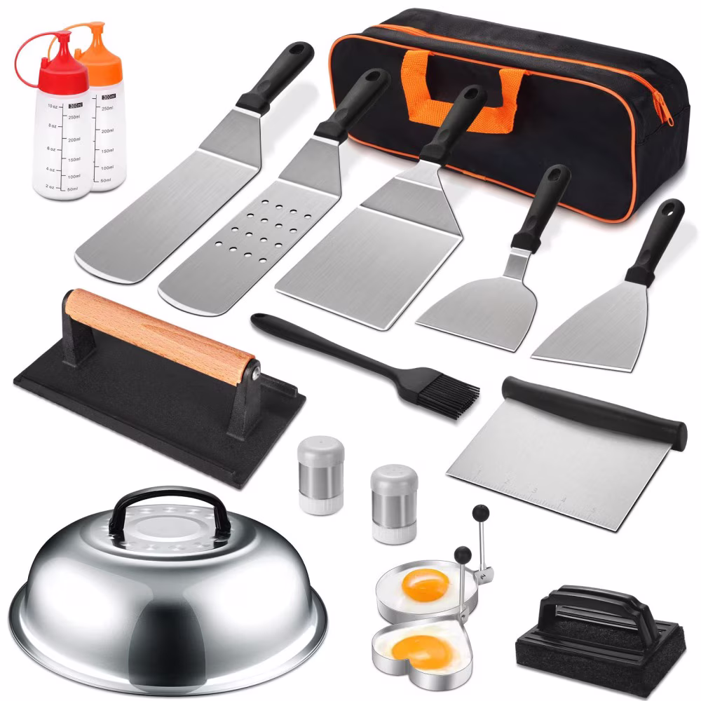 Griddle Accessories Kit, 18 pieces, stainless steel cooking tools with storage bag for flat top grills