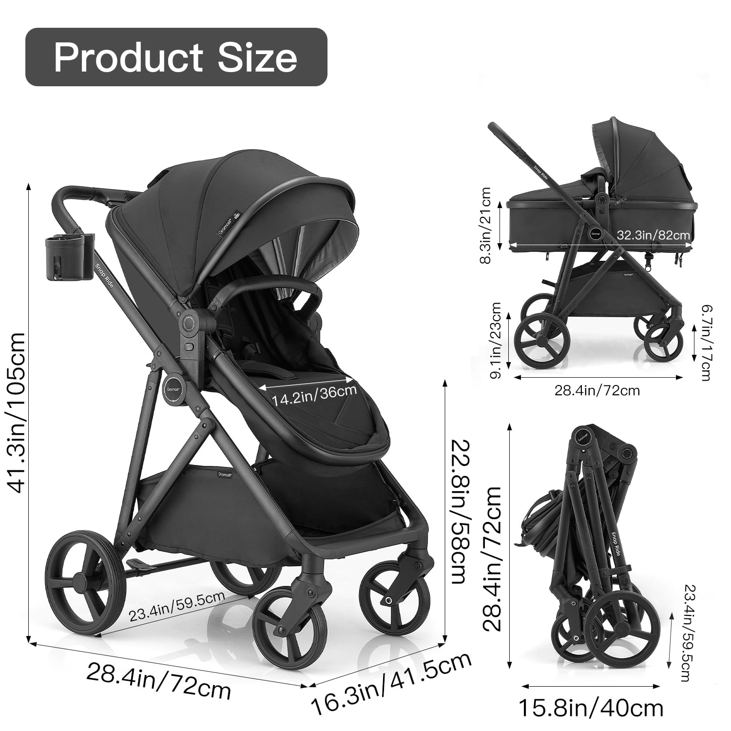 Gromast 3-in-1 Baby Stroller with Bassinet Mode, Convertible Bassinet Stroller for Newborn Infant Toddler with Reversible Seat, UPF 50+ Canopy & Cup Holder - Black - Image 2