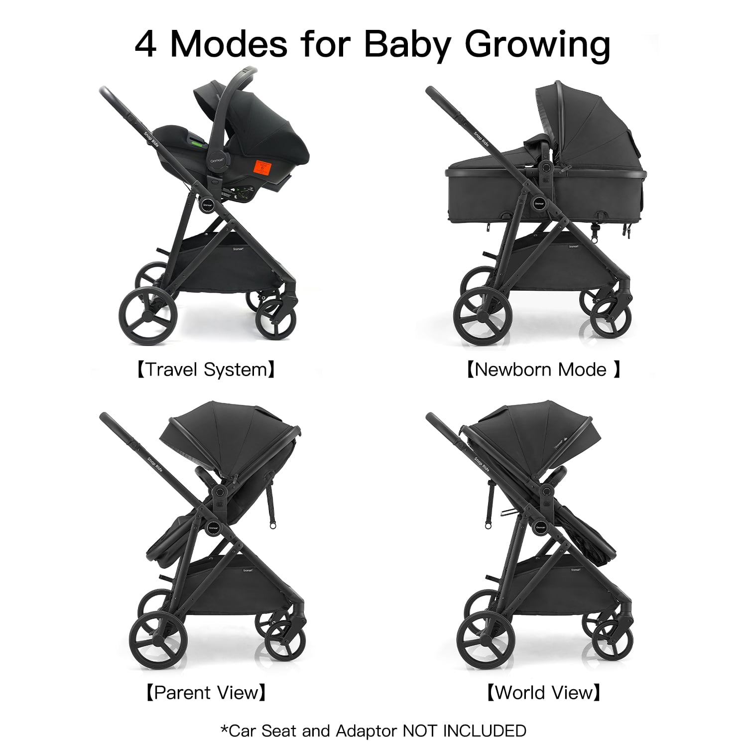 Gromast 3-in-1 Baby Stroller with Bassinet Mode, Convertible Bassinet Stroller for Newborn Infant Toddler with Reversible Seat, UPF 50+ Canopy & Cup Holder - Black - Image 3