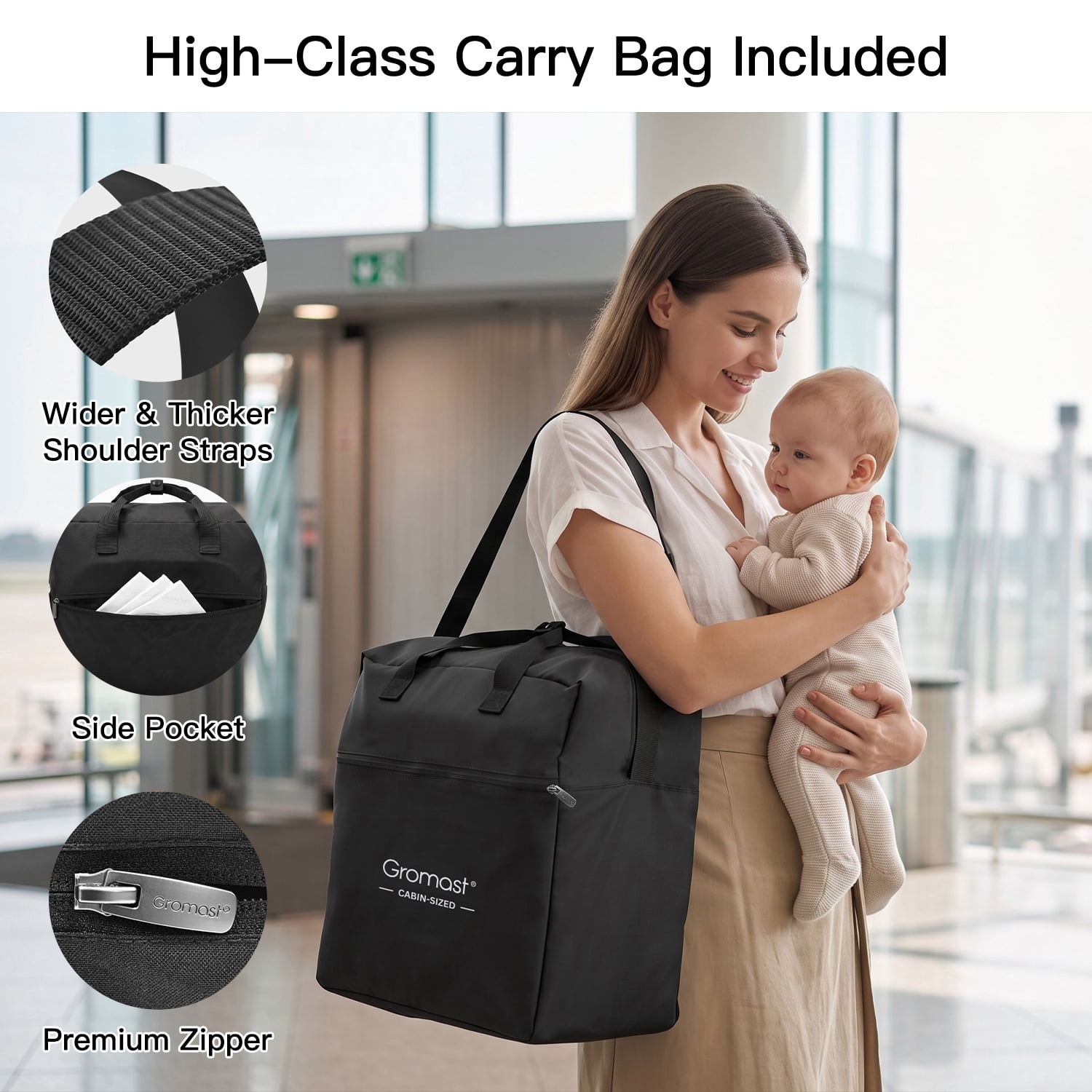 Gromast Airplane Friendly Travel Stroller for Toddlers, Lightweight & Compact Folding Baby Stroller, One-Hand Gravity Auto Fold, Gate Check Approved, UPF 50+ Waterproof, Includes Travel Bag - Black - Image 3