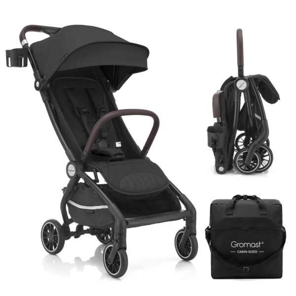 Gromast Airplane Friendly Travel Stroller for Toddlers, Lightweight & Compact Folding Baby Stroller, One-Hand Gravity Auto Fold, Gate Check Approved, UPF 50+ Waterproof, Includes Travel Bag - Black