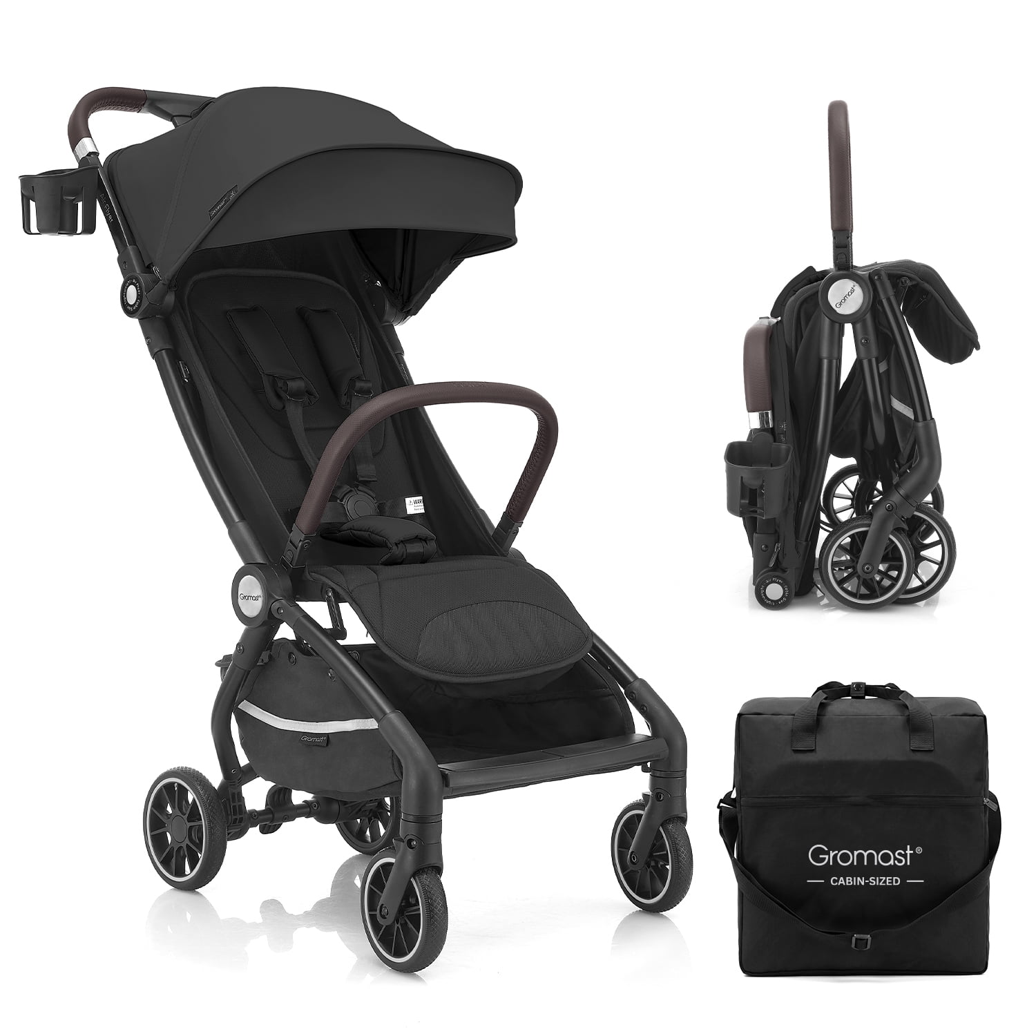 Gromast Airplane Friendly Travel Stroller for Toddlers, Lightweight & Compact Folding Baby Stroller, One-Hand Gravity Auto Fold, Gate Check Approved, UPF 50+ Waterproof, Includes Travel Bag - Black