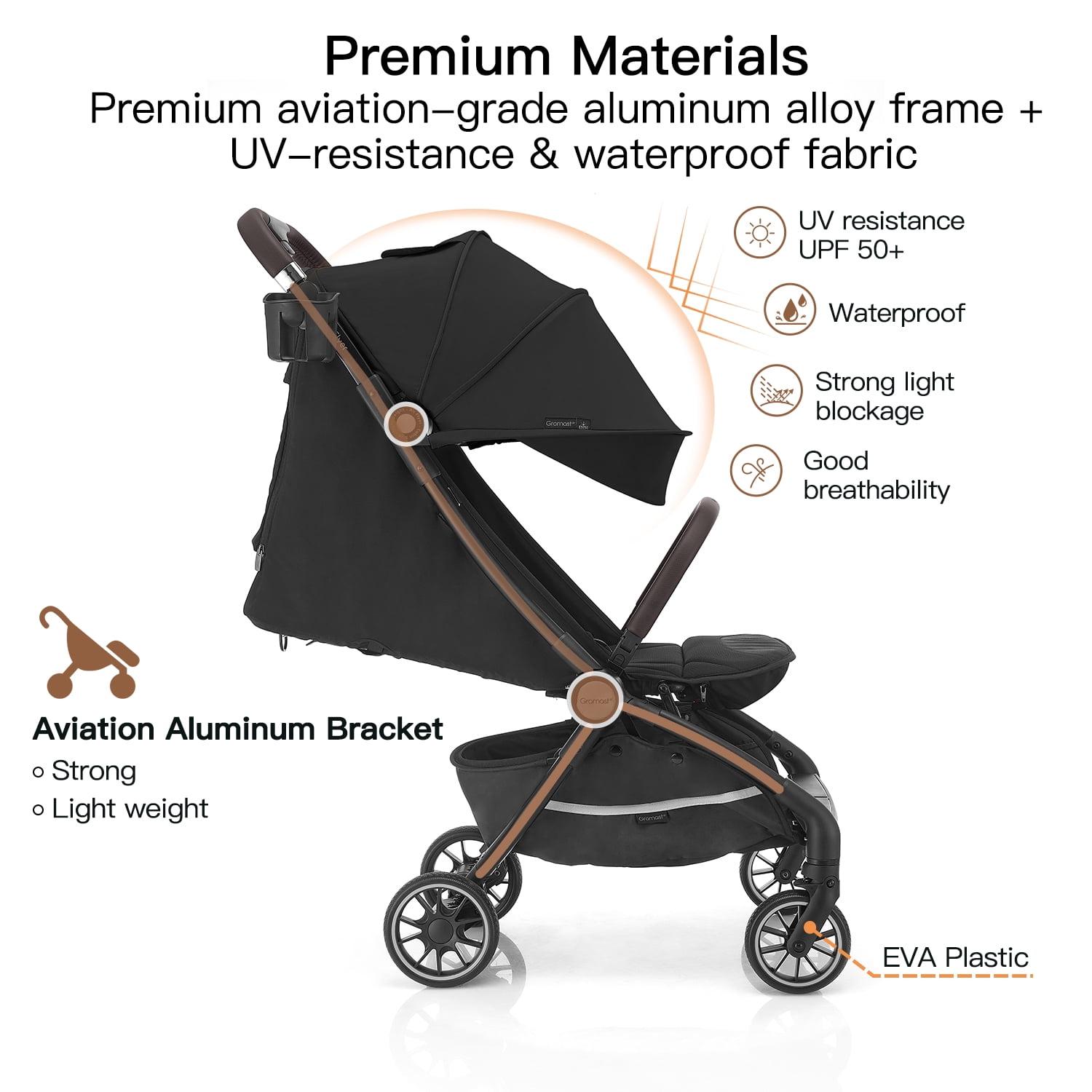 Gromast Airplane Friendly Travel Stroller for Toddlers, Lightweight & Compact Folding Baby Stroller, One-Hand Gravity Auto Fold, Gate Check Approved, UPF 50+ Waterproof, Includes Travel Bag - Black - Image 5