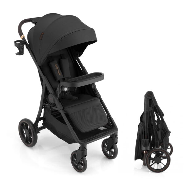 Gromast Baby Stroller with Detachable Snack Tray, Oversized Seat for Newborn to 4 Years, One-Hand Fold Travel Stroller w/ Big Wheels, Adjustable Backrest, UPF 50+ Canopy & Cup Holder - Black