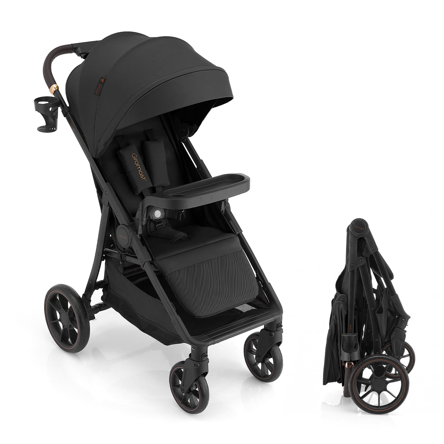 Gromast Baby Stroller with Detachable Snack Tray, Oversized Seat for Newborn to 4 Years, One-Hand Fold Travel Stroller w/ Big Wheels, Adjustable Backrest, UPF 50+ Canopy & Cup Holder - Black