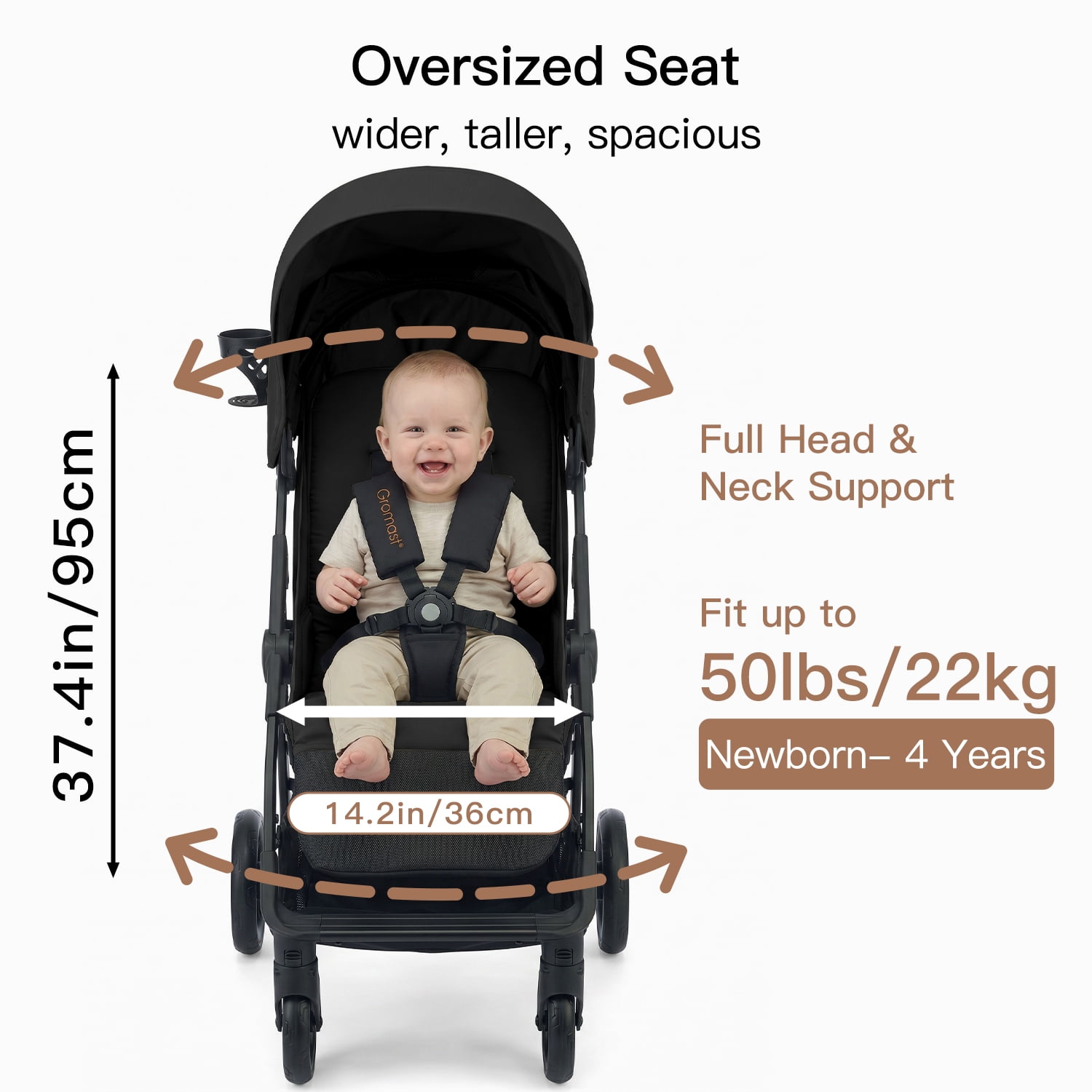 Gromast Baby Stroller with Detachable Snack Tray, Oversized Seat for Newborn to 4 Years, One-Hand Fold Travel Stroller w/ Big Wheels, Adjustable Backrest, UPF 50+ Canopy & Cup Holder - Black - Image 4