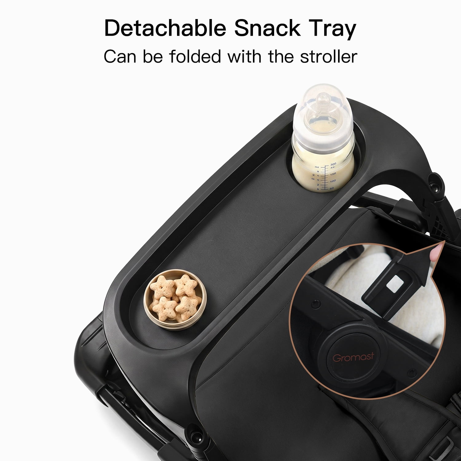 Gromast Baby Stroller with Detachable Snack Tray, Oversized Seat for Newborn to 4 Years, One-Hand Fold Travel Stroller w/ Big Wheels, Adjustable Backrest, UPF 50+ Canopy & Cup Holder - Black - Image 3