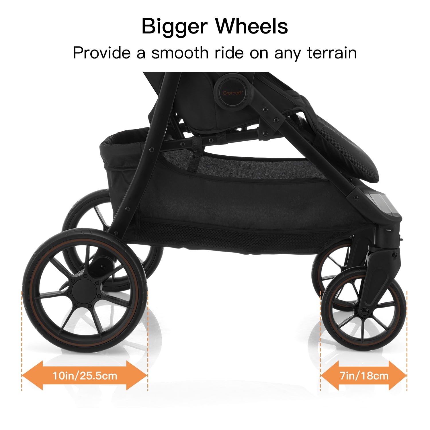 Gromast Baby Stroller with Detachable Snack Tray, Oversized Seat for Newborn to 4 Years, One-Hand Fold Travel Stroller w/ Big Wheels, Adjustable Backrest, UPF 50+ Canopy & Cup Holder - Black - Image 5