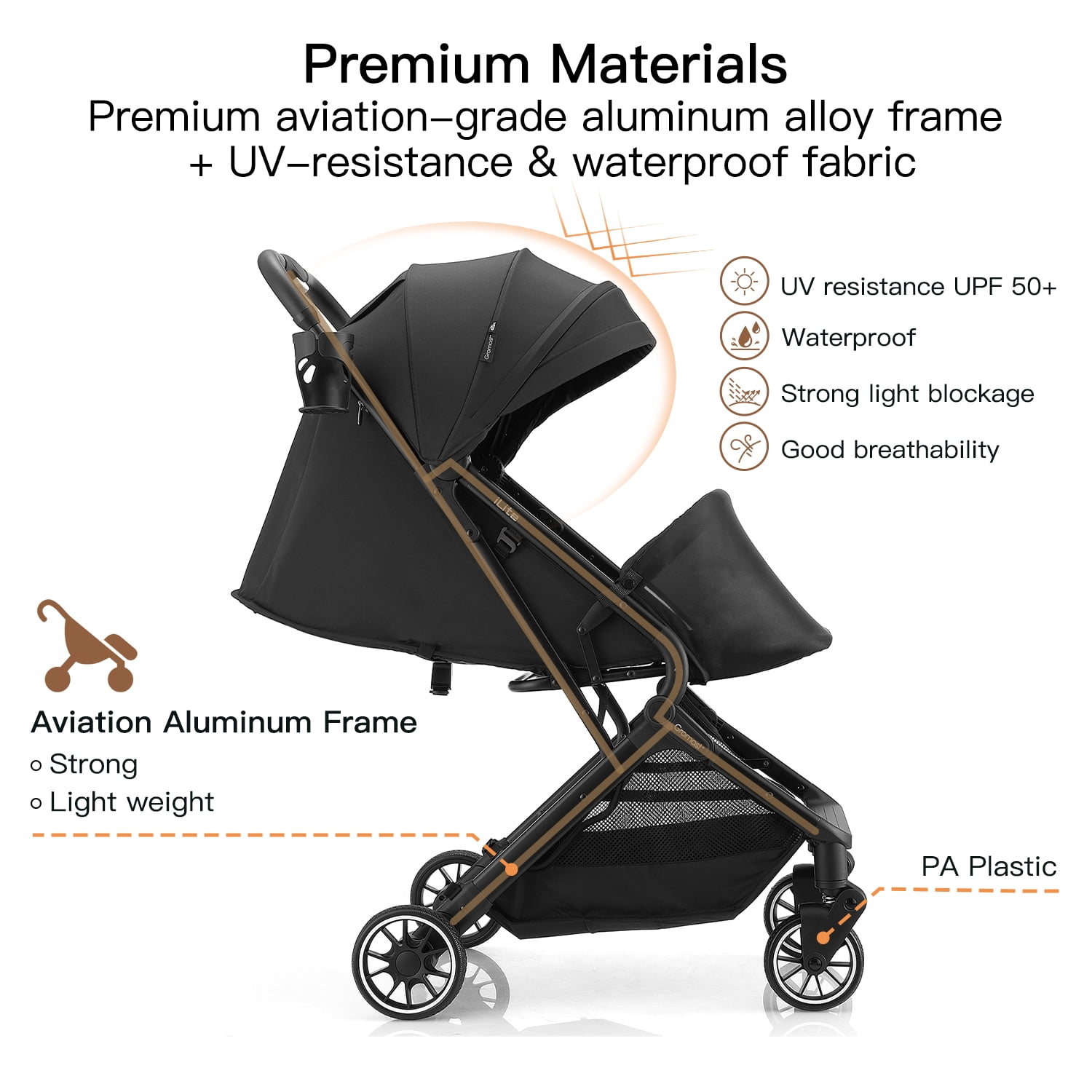 Gromast Compact Fold Baby Stroller, Lightweight Travel Toddler Stroller with One-Click Fold, Extendable UPF50+ Canopy, Cup Holder, UV Protected and Waterproof, One-Hand Folding - Black - Image 2