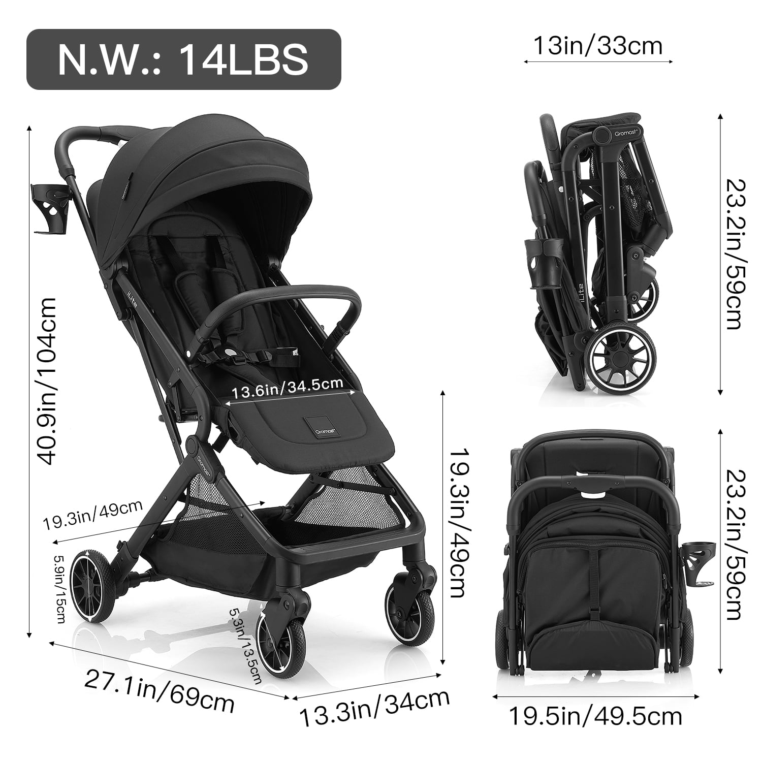 Gromast Compact Fold Baby Stroller, Lightweight Travel Toddler Stroller with One-Click Fold, Extendable UPF50+ Canopy, Cup Holder, UV Protected and Waterproof, One-Hand Folding - Black - Image 4