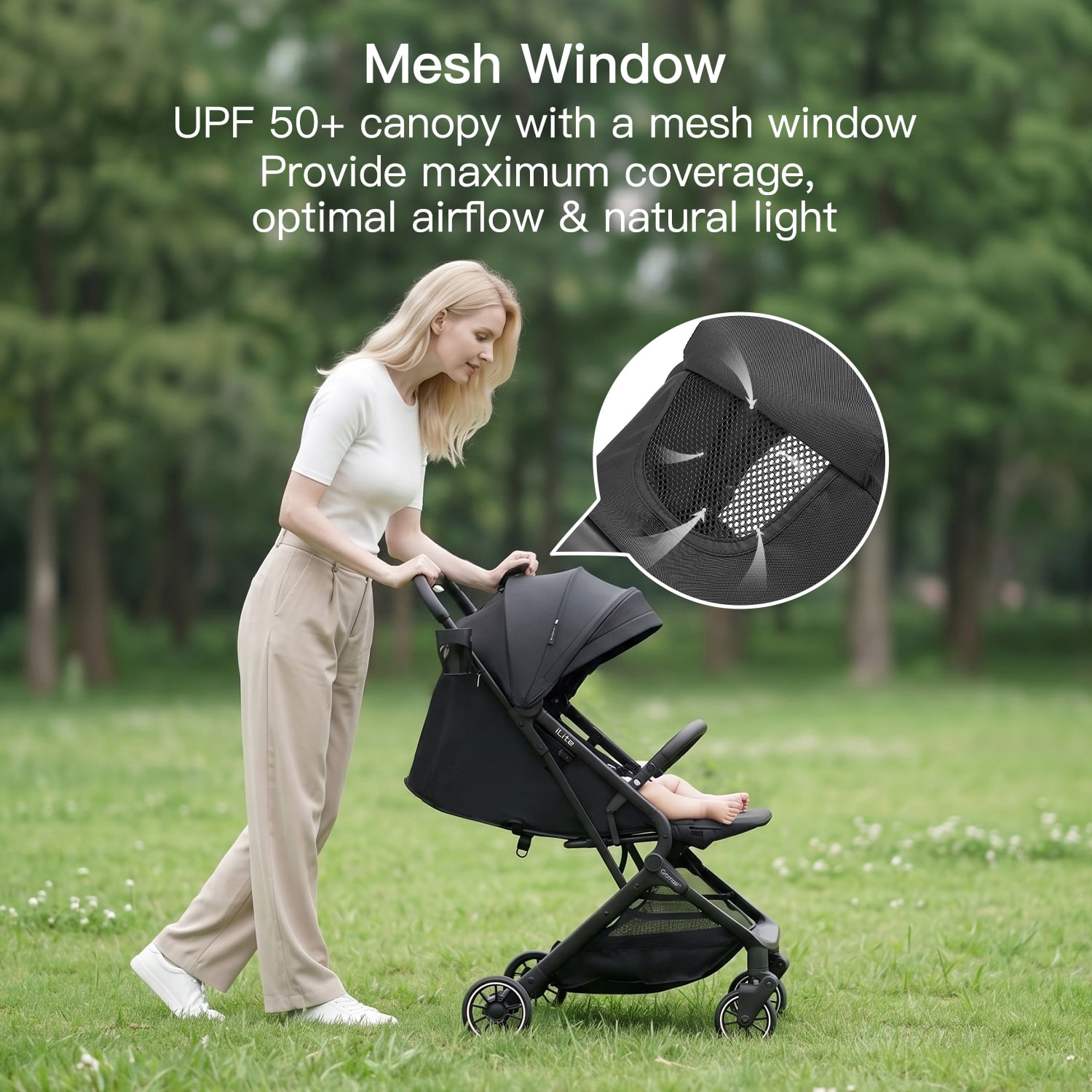 Gromast Compact Fold Baby Stroller, Lightweight Travel Toddler Stroller with One-Click Fold, Extendable UPF50+ Canopy, Cup Holder, UV Protected and Waterproof, One-Hand Folding - Black - Image 3