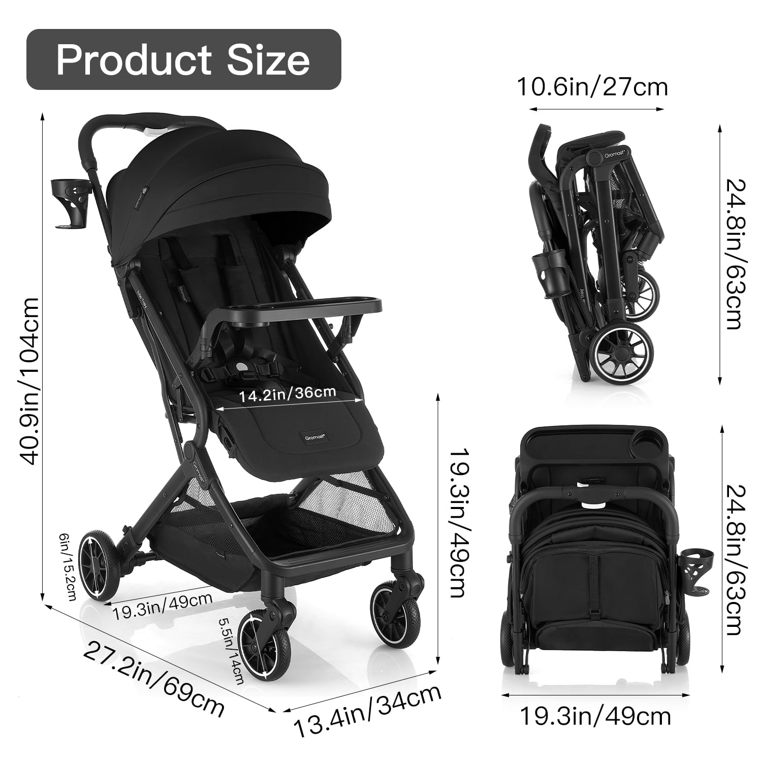 Gromast Lightweight Baby Stroller with Detachable Snack Tray, One-Hand Quick Fold, 15lbs Compact Travel Stroller with Adjustable Backrest, UV-Protective Canopy & Cup Holder - Black - Image 2