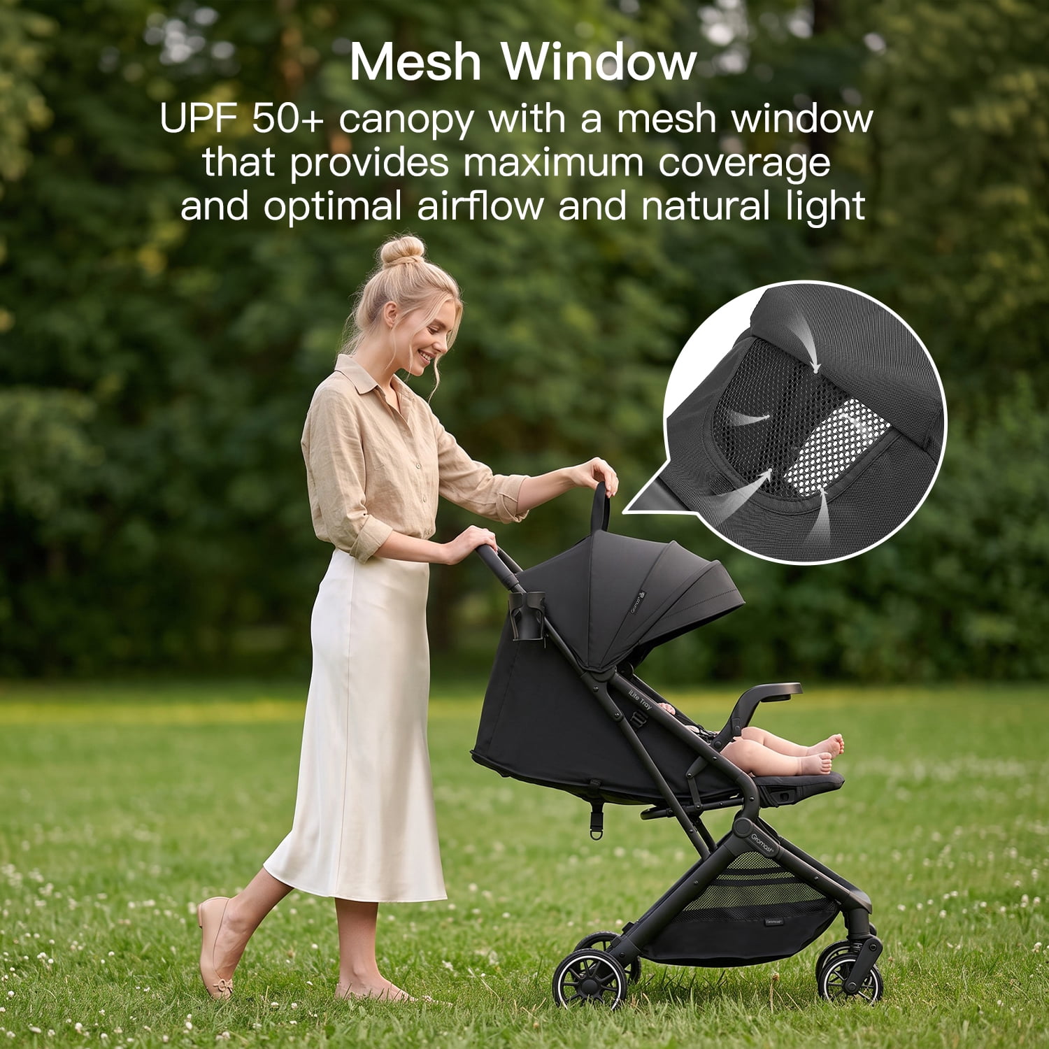 Gromast Lightweight Baby Stroller with Detachable Snack Tray, One-Hand Quick Fold, 15lbs Compact Travel Stroller with Adjustable Backrest, UV-Protective Canopy & Cup Holder - Black - Image 3
