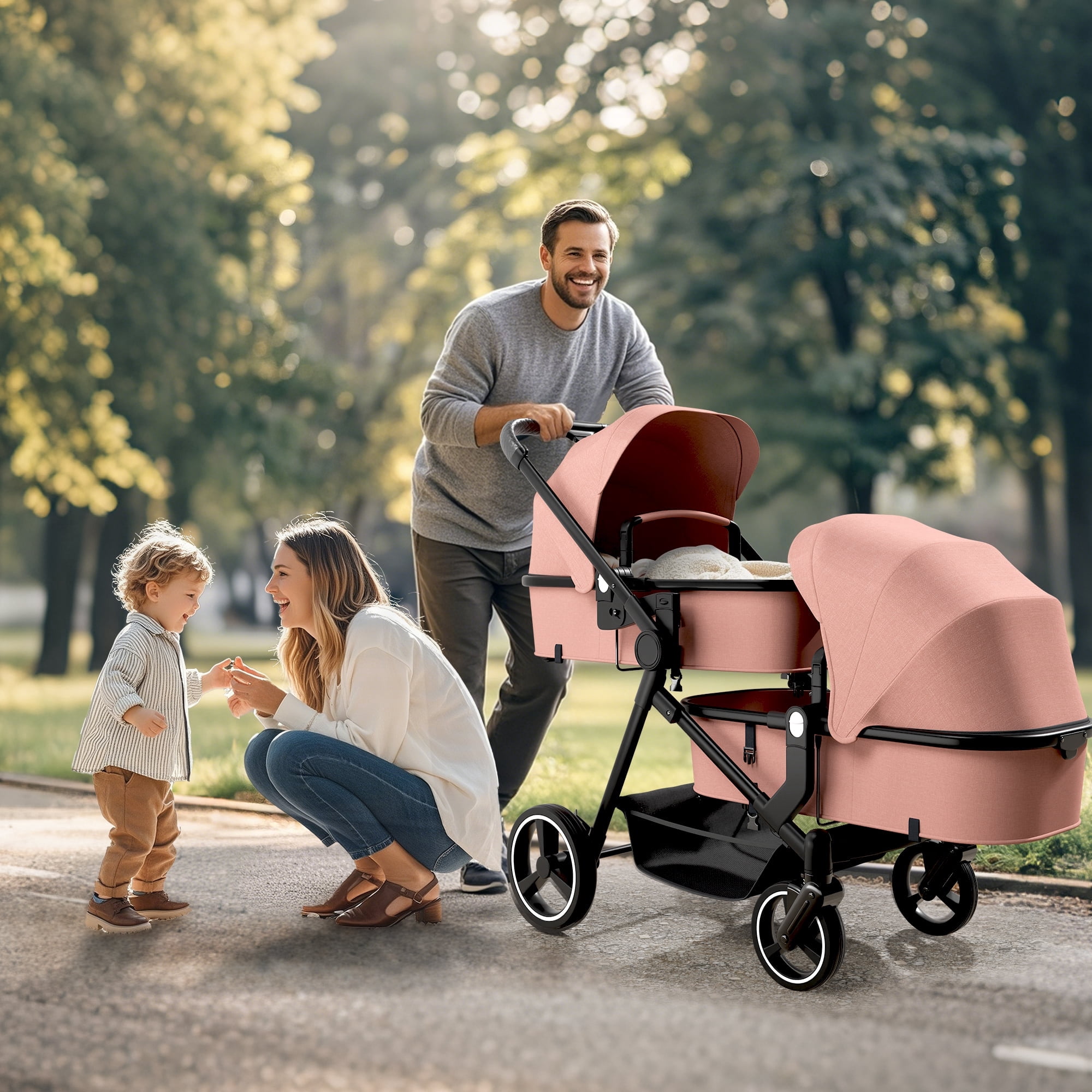 Guqiart Foldable Double Stroller with Adjustable Backrest, Convertible Twin Stroller, Double Infant Stroller for Newborn and Toddler, Pink - Image 3