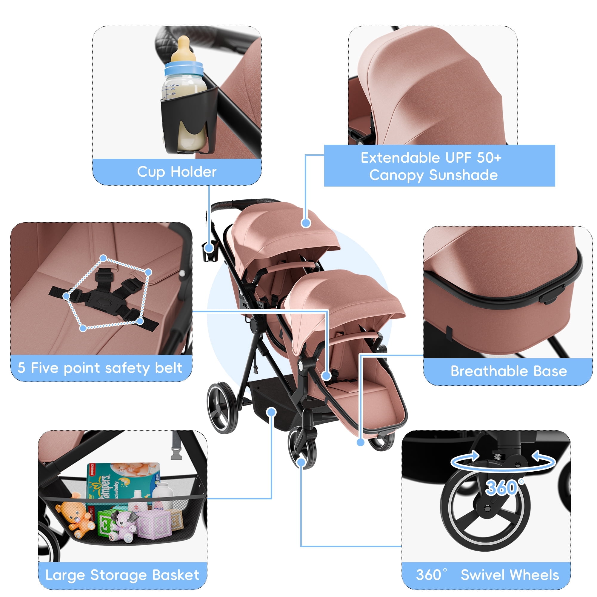 Guqiart Foldable Double Stroller with Adjustable Backrest, Convertible Twin Stroller, Double Infant Stroller for Newborn and Toddler, Pink - Image 4