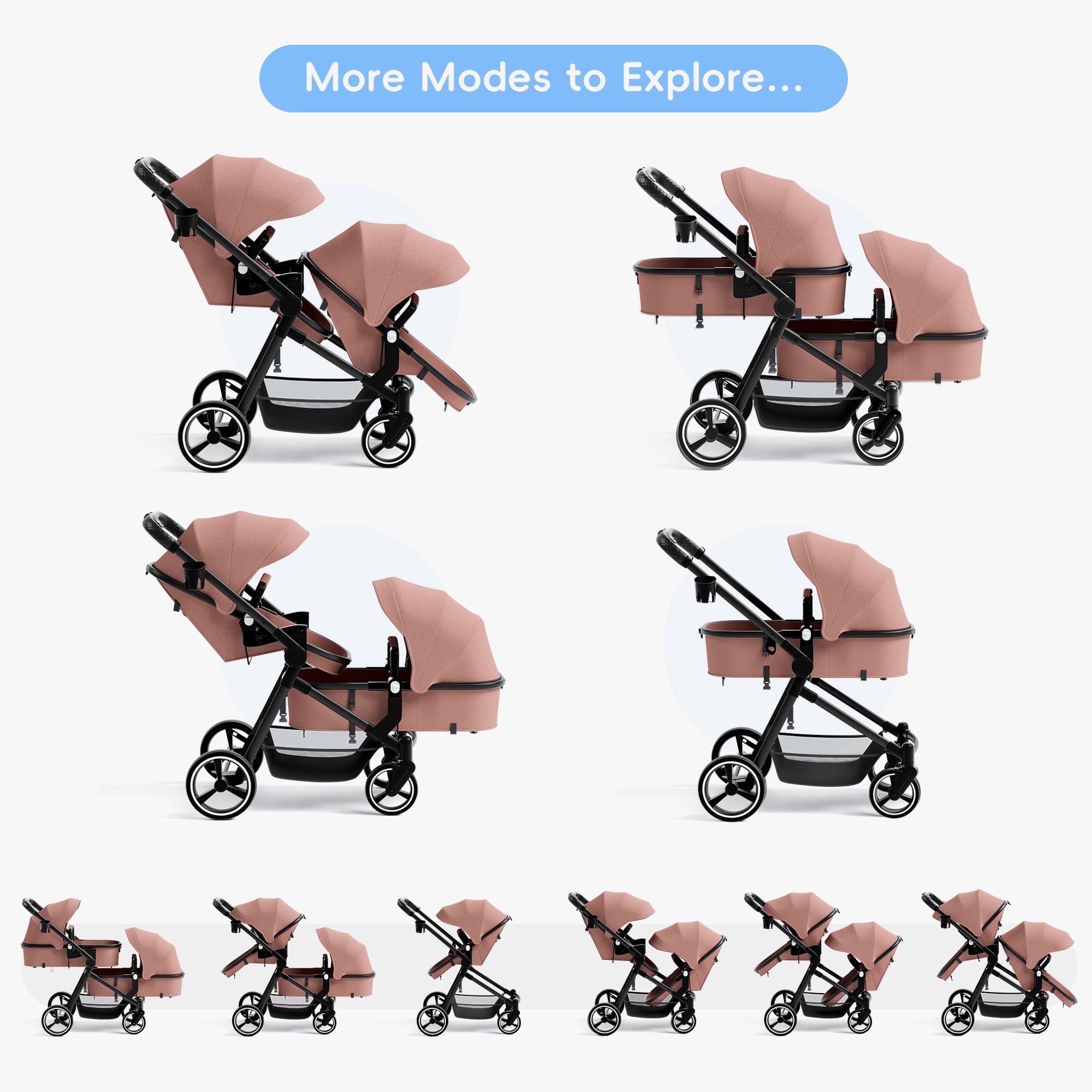Guqiart Foldable Double Stroller with Adjustable Backrest, Convertible Twin Stroller, Double Infant Stroller for Newborn and Toddler, Pink - Image 5
