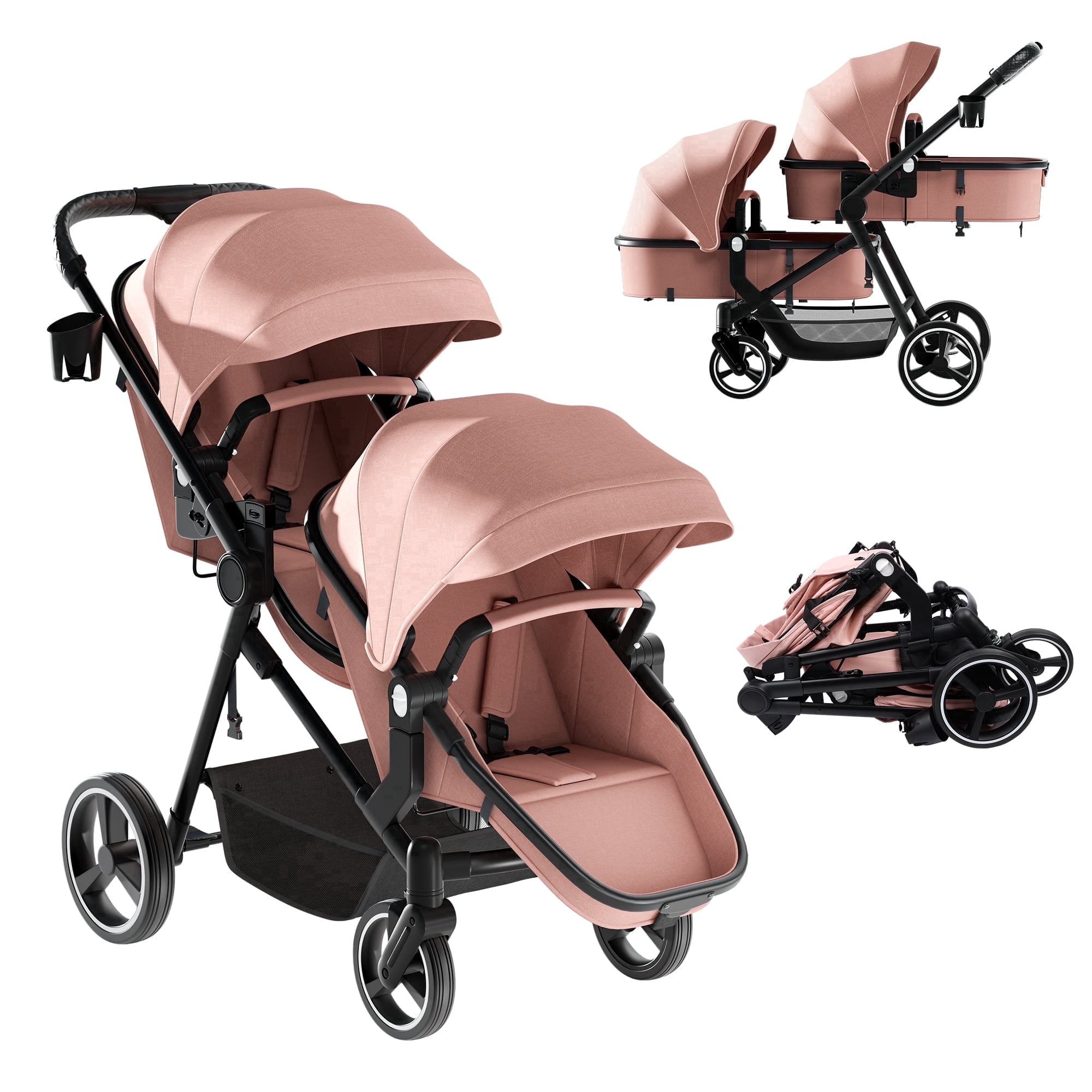 Guqiart Foldable Double Stroller with Adjustable Backrest, Convertible Twin Stroller, Double Infant Stroller for Newborn and Toddler, Pink
