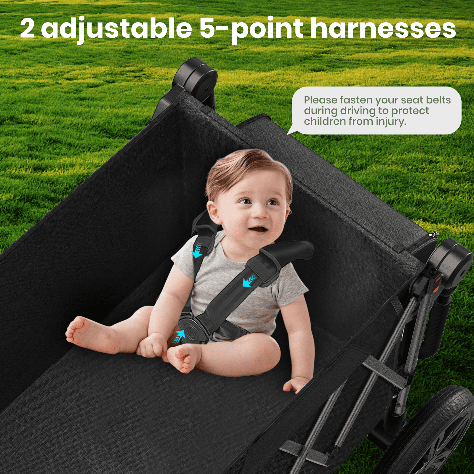 GVDV Wagon Stroller for Kids, 3-in-1 Collapsible Double Stroller Wagon for Toddlers with Removable Canopy, 5-Point Harness, Pull & Push Handle and All-Terrain Beach Wheels, Black - Image 5