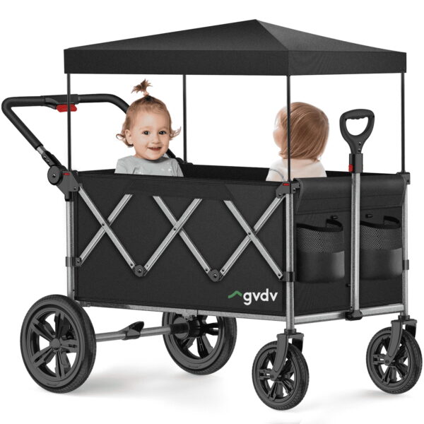 GVDV Wagon Stroller for Kids, 3-in-1 Collapsible Double Stroller Wagon for Toddlers with Removable Canopy, 5-Point Harness, Pull & Push Handle and All-Terrain Beach Wheels, Black