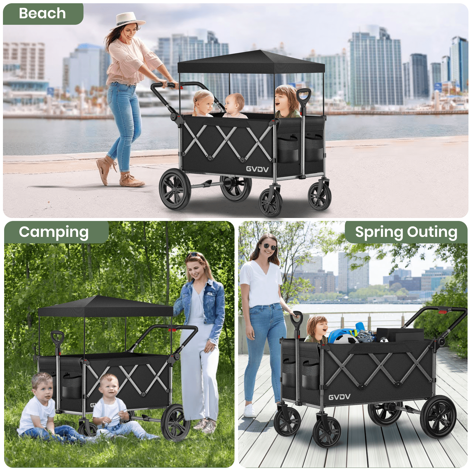 GVDV Wagon Stroller for Kids, 3-in-1 Collapsible Double Stroller Wagon for Toddlers with Removable Canopy, 5-Point Harness, Pull & Push Handle and All-Terrain Beach Wheels, Black - Image 3