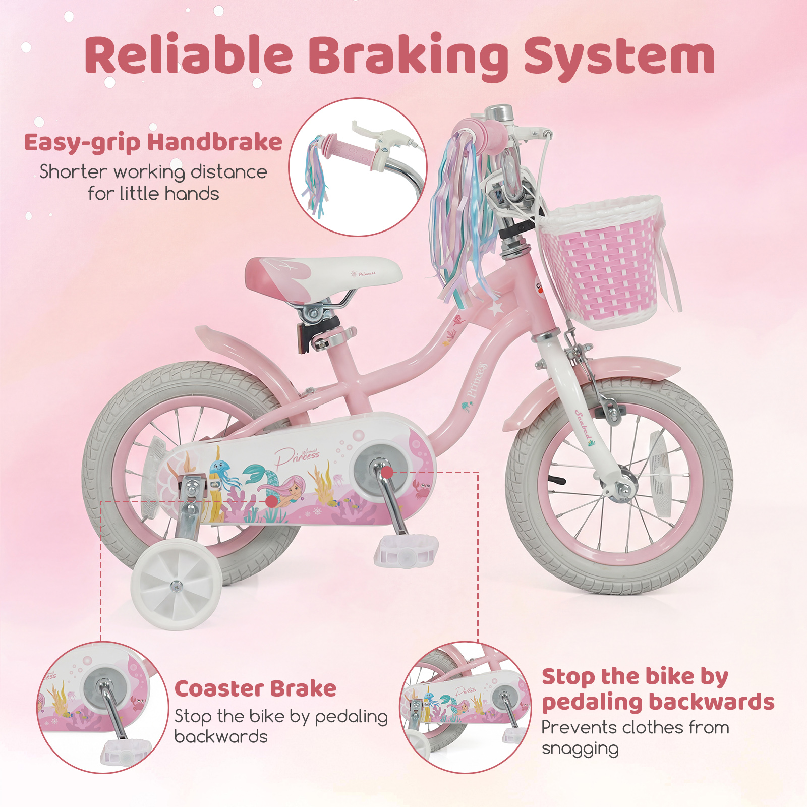 Gymax 12'' Kids Bike w/Training Wheels Hand Coaster Brakes Adjustable Seat Handlebar - Image 3