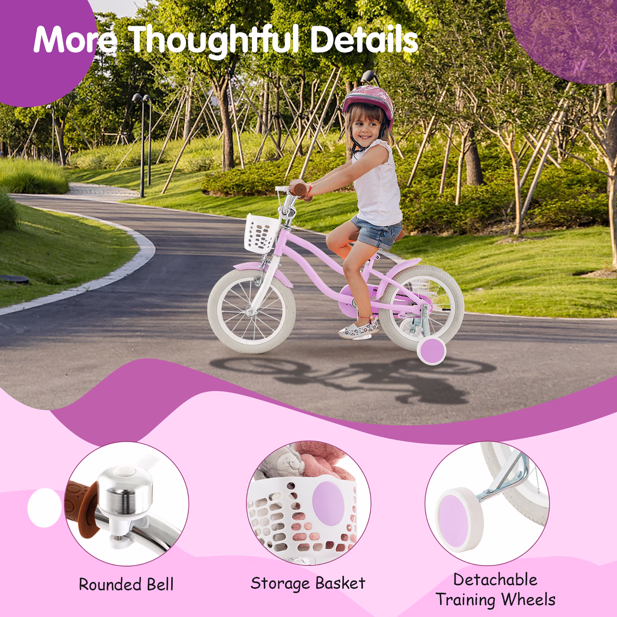 Gymax 14'' Kids Bicycle Children's Training Bicycle w/ Removable Training Wheels & Basket Purple - Image 2