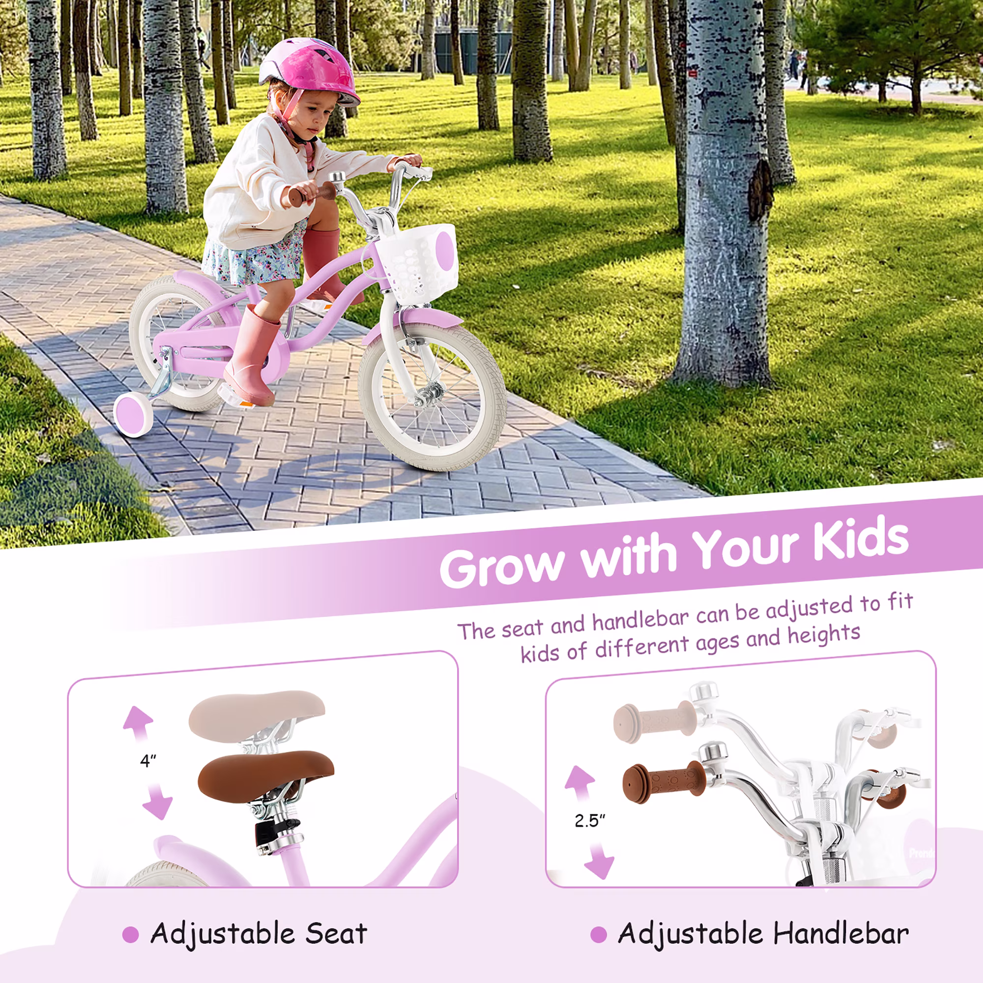 Gymax 14'' Kids Bicycle Children's Training Bicycle w/ Removable Training Wheels & Basket Purple - Image 3