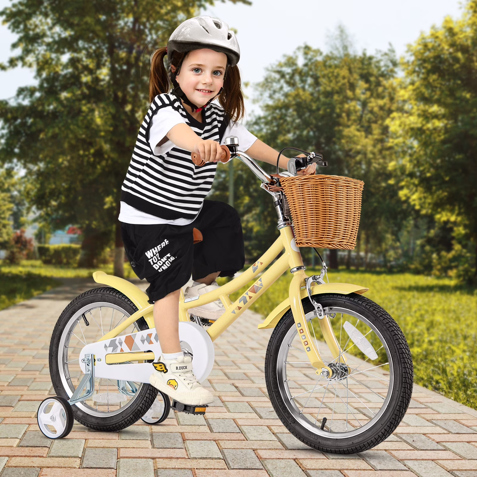 Gymax 16'' Kids Bike w/ Height Adjustable Handlebar Seat Basket Bell Training Wheels Yellow - Image 4