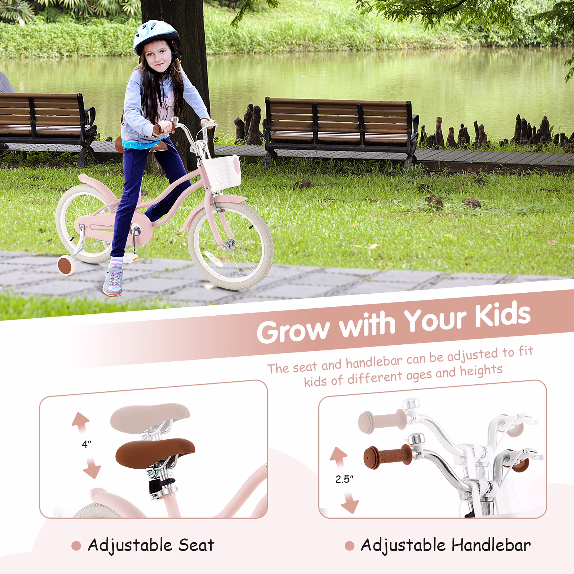 Gymax 18'' Kids Bicycle Children's Training Bicycle w/ Removable Training Wheels & Basket Pink - Image 3