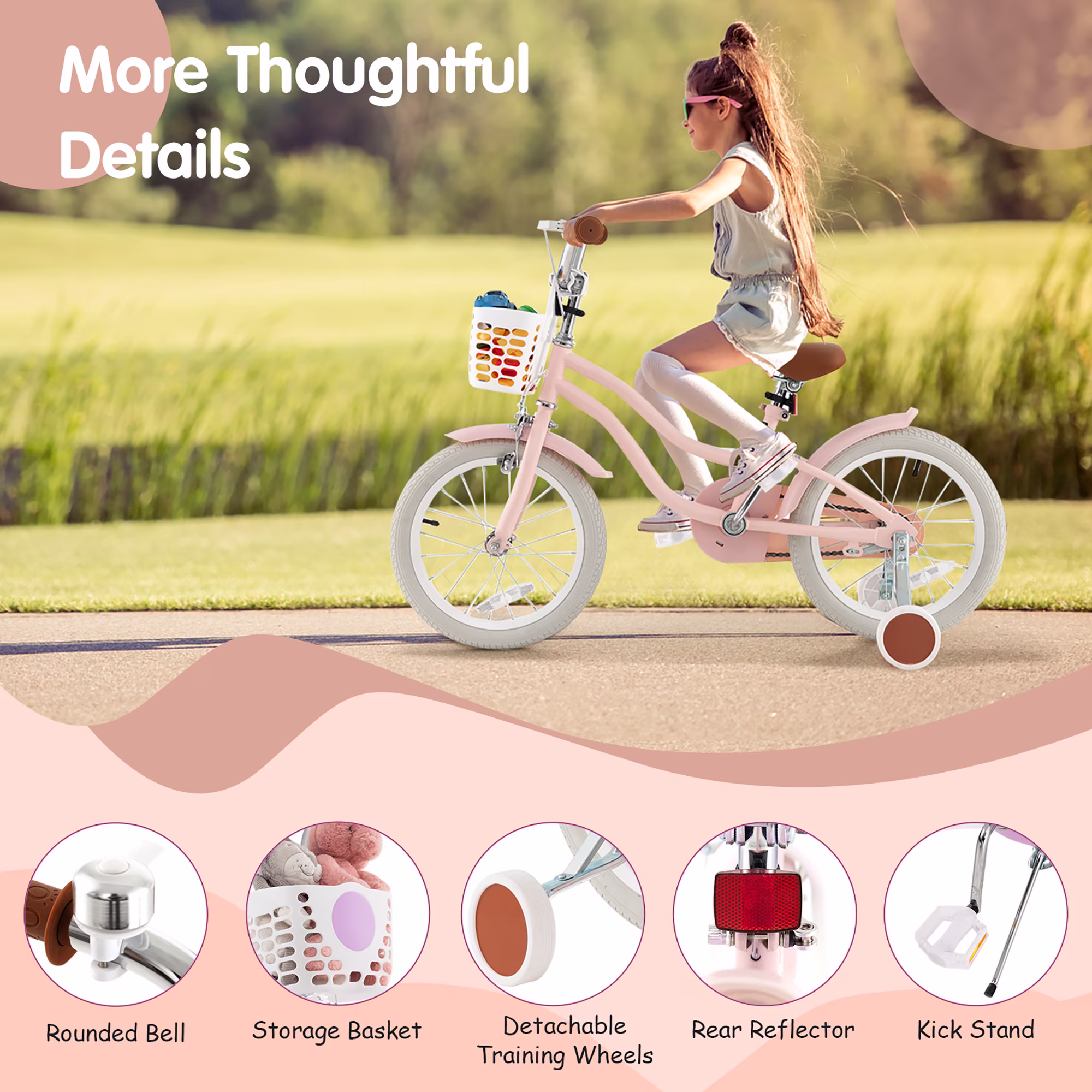 Gymax 18'' Kids Bicycle Children's Training Bicycle w/ Removable Training Wheels & Basket Pink - Image 2