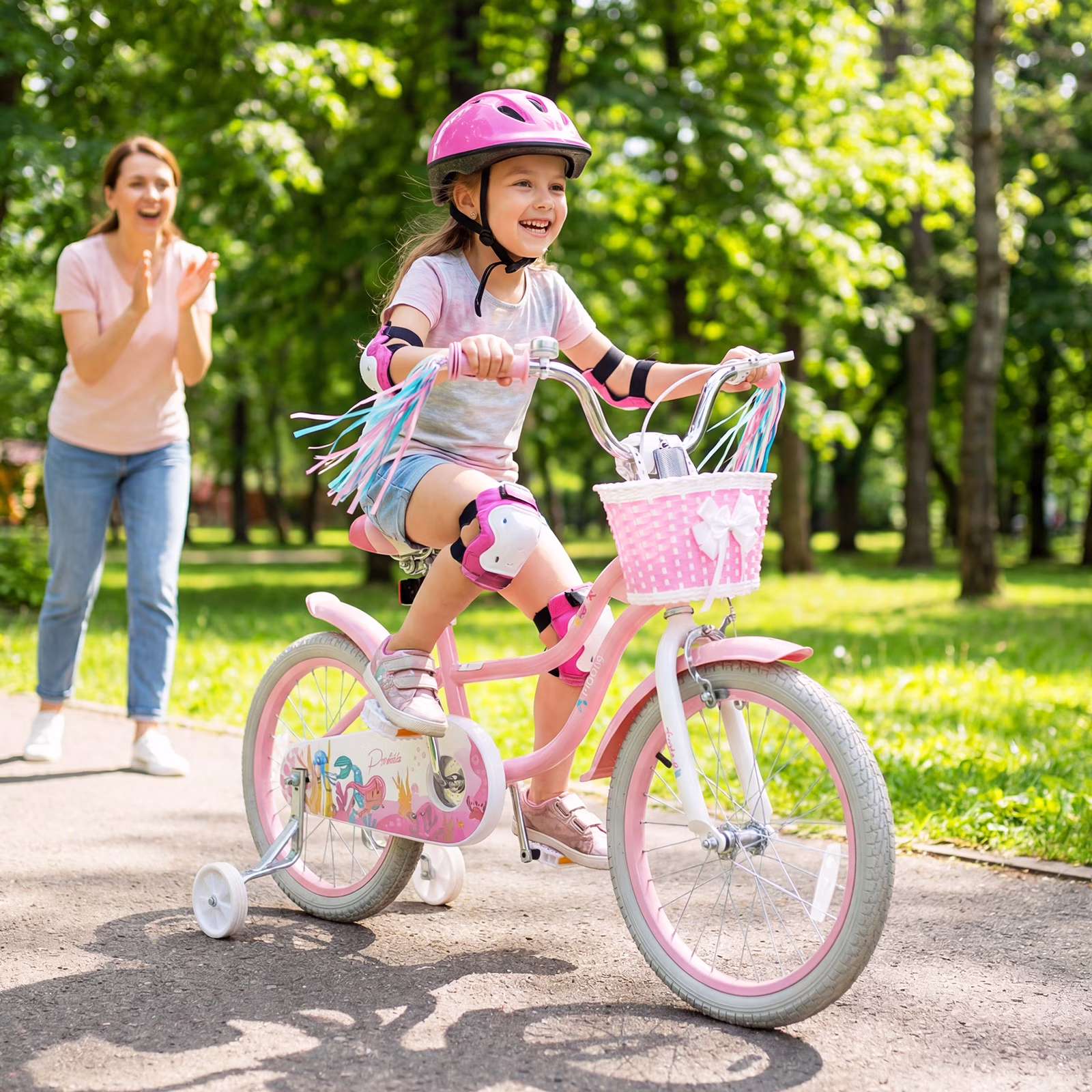 Gymax 18'' Kids Bike Toddler Bicycle w/ Training Wheels Hand & Coaster Brakes Pink - Image 5