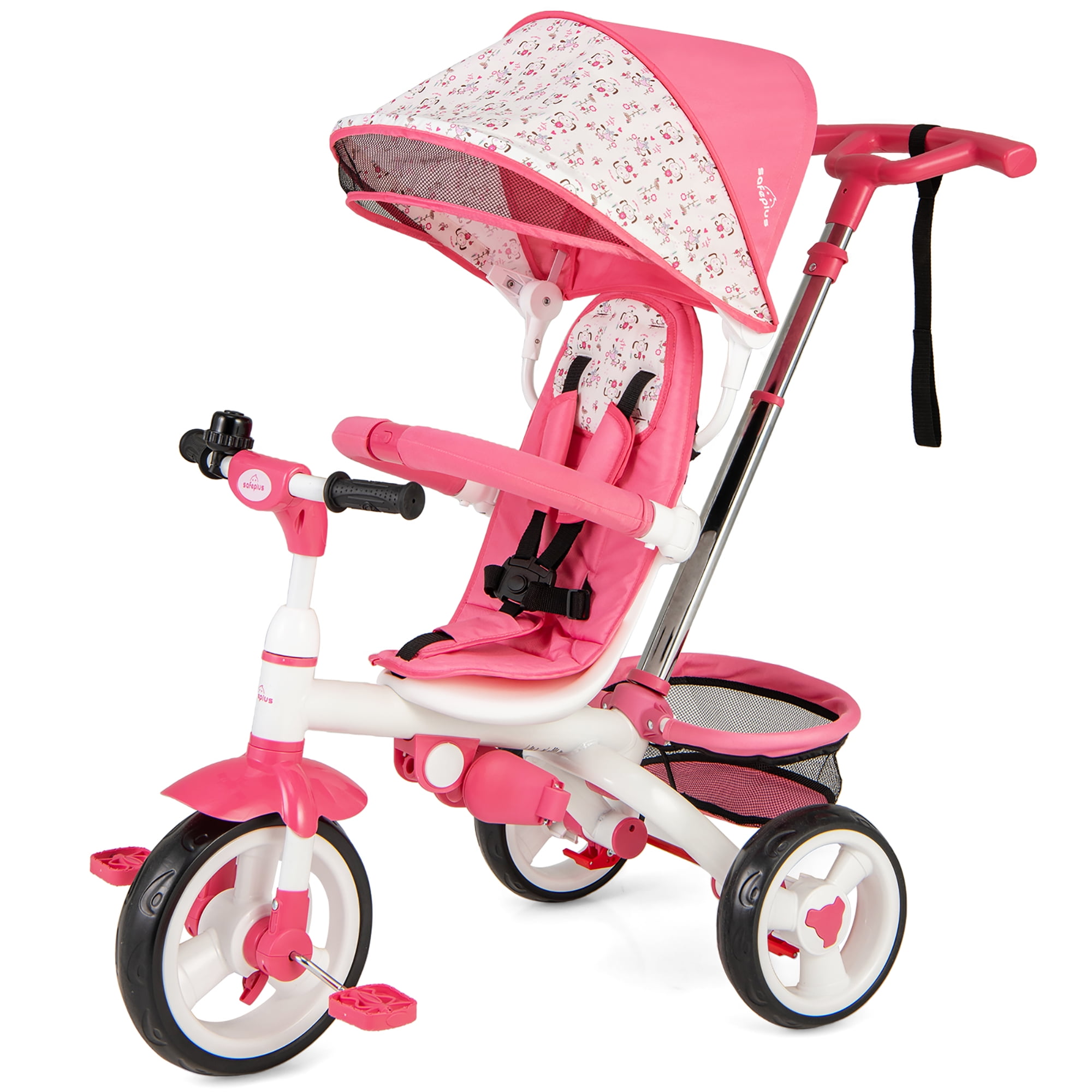 Gymax Baby Tricycle Stroller 6-in-1 Kids Push Trike w/ Removable 5-Position Canopy Pink - Image 4