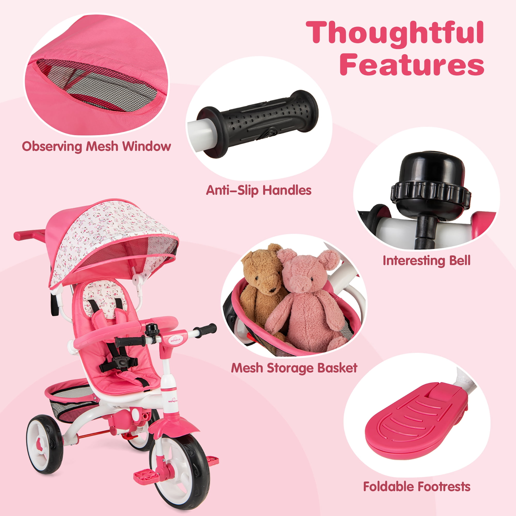 Gymax Baby Tricycle Stroller 6-in-1 Kids Push Trike w/ Removable 5-Position Canopy Pink - Image 5