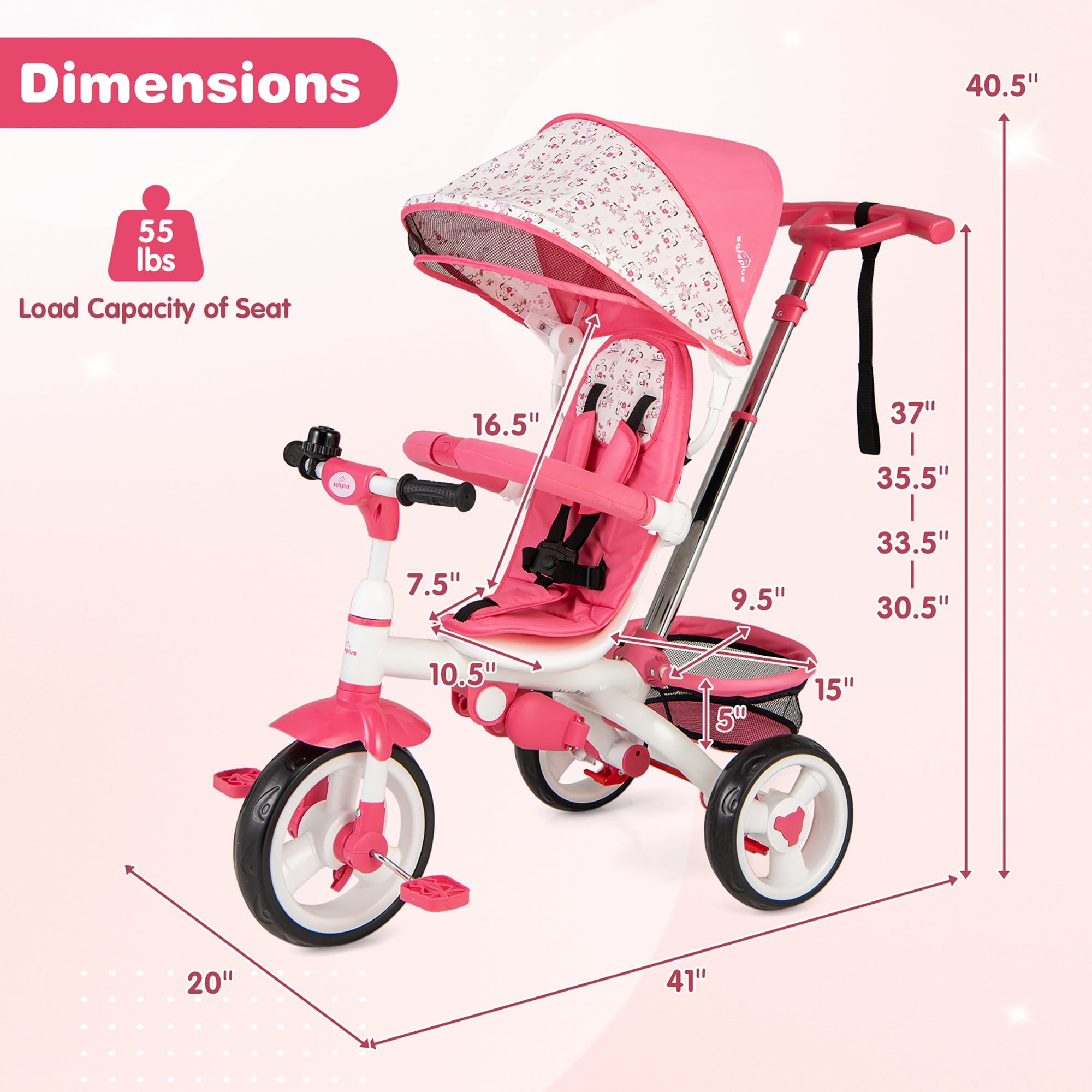 Gymax Baby Tricycle Stroller 6-in-1 Kids Push Trike w/ Removable 5-Position Canopy Pink - Image 3