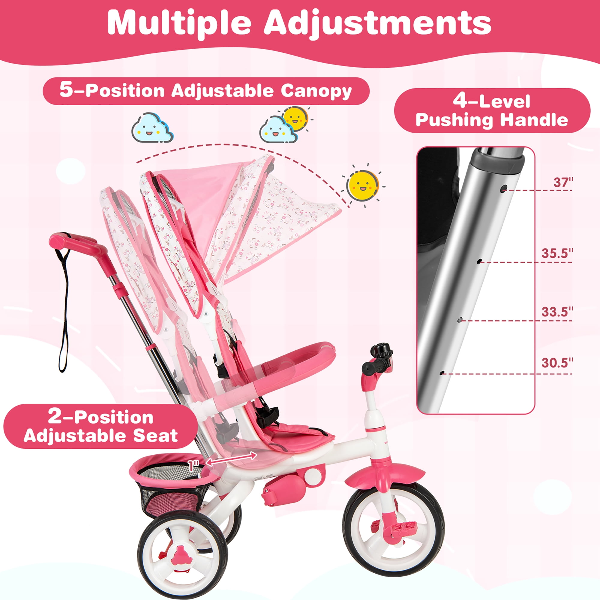 Gymax Baby Tricycle Stroller 6-in-1 Kids Push Trike w/ Removable 5-Position Canopy Pink - Image 2