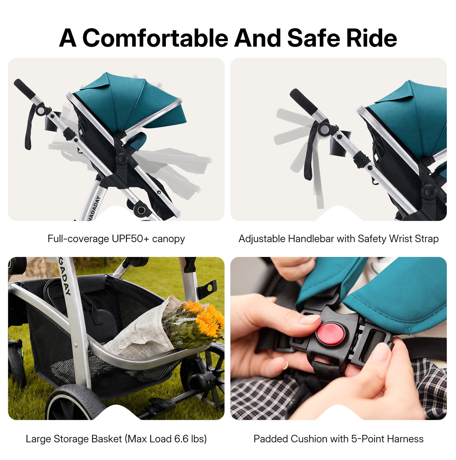 Hagaday 2-in-1 Baby Stroller, Reversible Seat, Lie-Flat Recline, Foldable Design, Adjustable Handle, Blue - Image 2