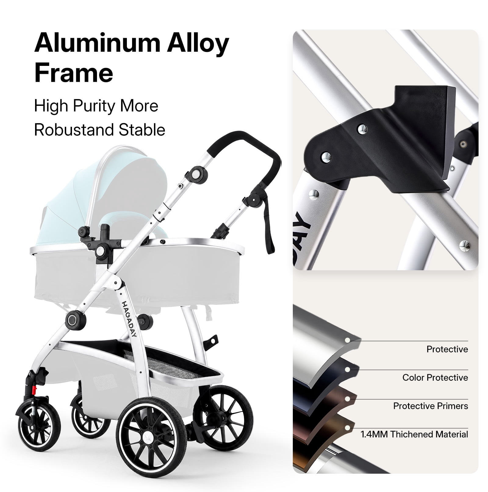 Hagaday 2-in-1 Baby Stroller, Reversible Seat, Lie-Flat Recline, Foldable Design, Adjustable Handle, Blue - Image 3