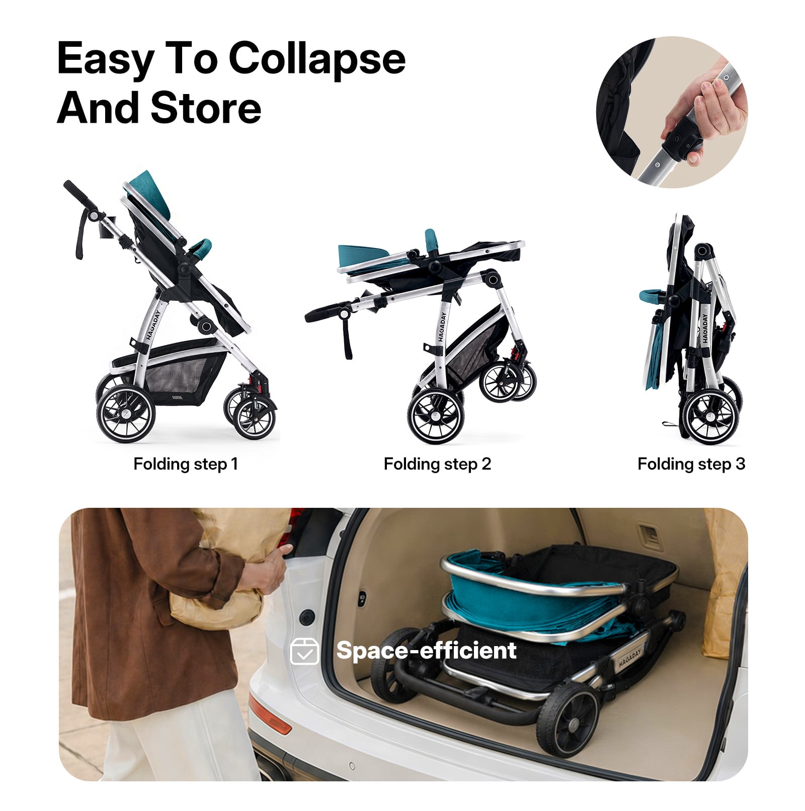 Hagaday 2-in-1 Baby Stroller, Reversible Seat, Lie-Flat Recline, Foldable Design, Adjustable Handle, Blue - Image 4