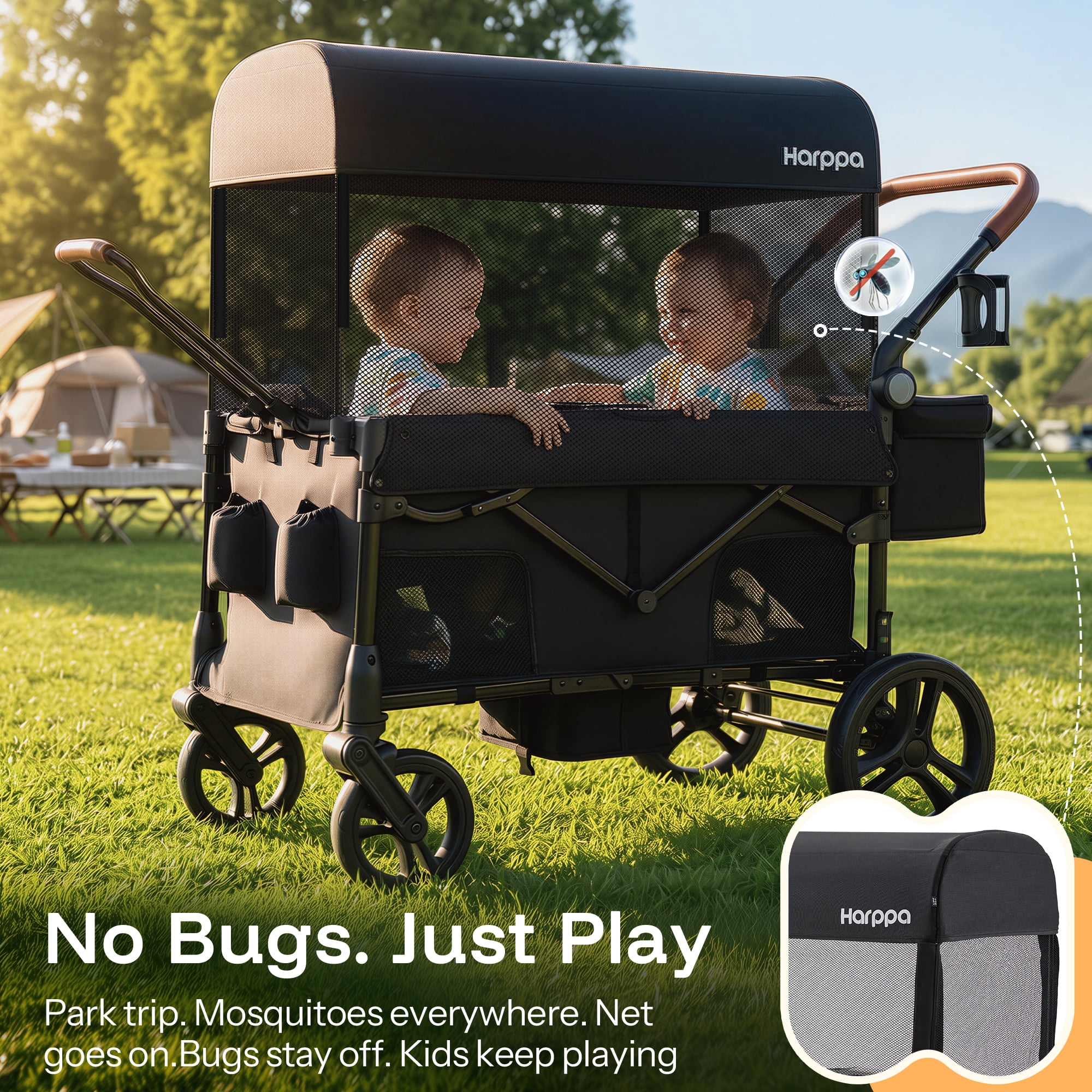 HARPPA Foldable Wagon Stroller for 2 Toddlers with Pull & Push Handle, Canopy, 32.9lbs, Black - Image 3