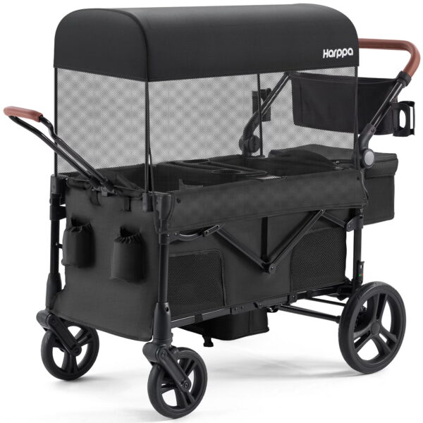 HARPPA Foldable Wagon Stroller for 2 Toddlers with Pull & Push Handle, Canopy, 32.9lbs, Black