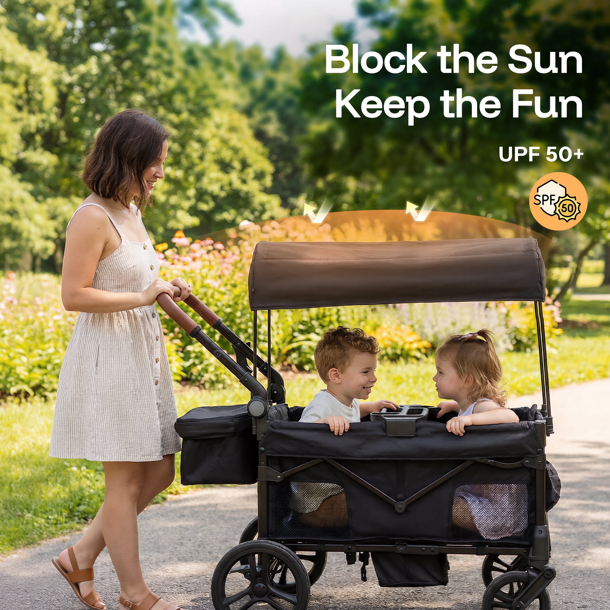 HARPPA Foldable Wagon Stroller for 2 Toddlers with Pull & Push Handle, Canopy, 32.9lbs, Black - Image 2