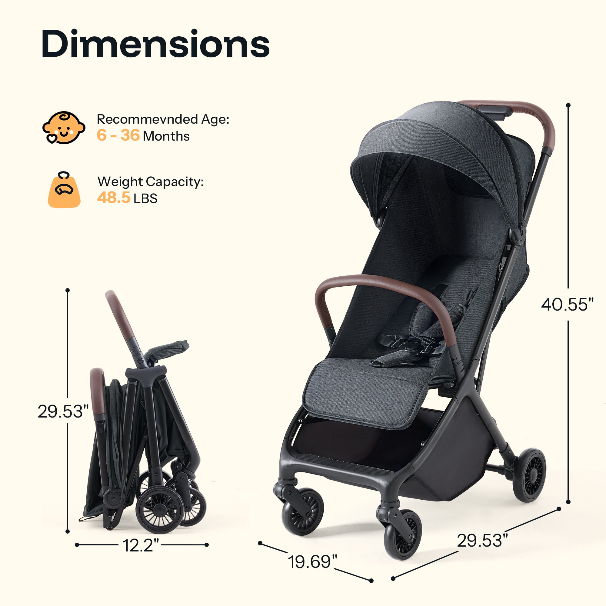 HARPPA Lightweight Toddler Stroller,One-Hand Fold & Self-Standing, Compact Travel Stroller with Canopy,Black - Image 2